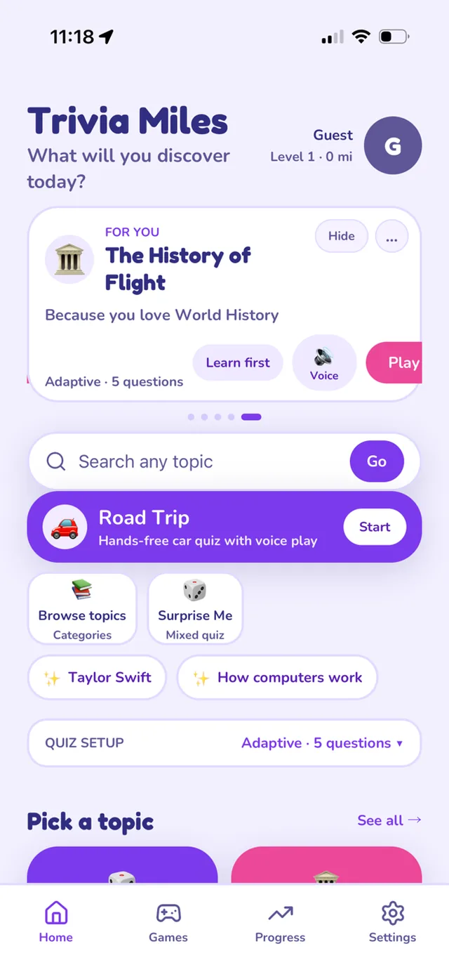 The Trivia Miles home screen, with a suggested quiz, topic search and a hands-free Road Trip mode.