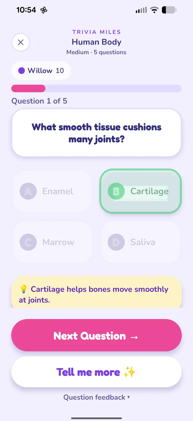 A five-question quiz in progress, with the right answer revealed and a one-line explanation underneath.
