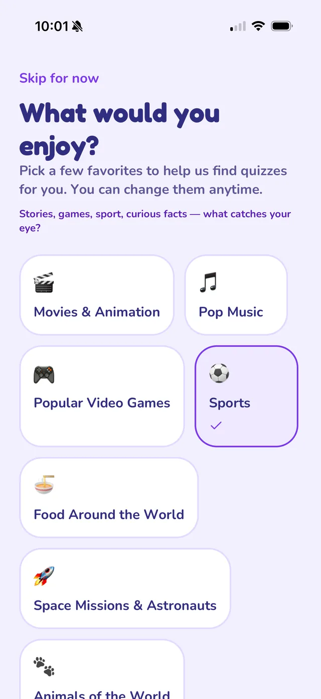 Choosing favourite topics during setup, from movies and pop music to sport and space missions.